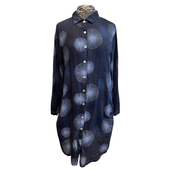 Calwalk Studio Womens Tunic Italian Linen Blue Long Sleeve Button Up Geometric L - Picture 1 of 13